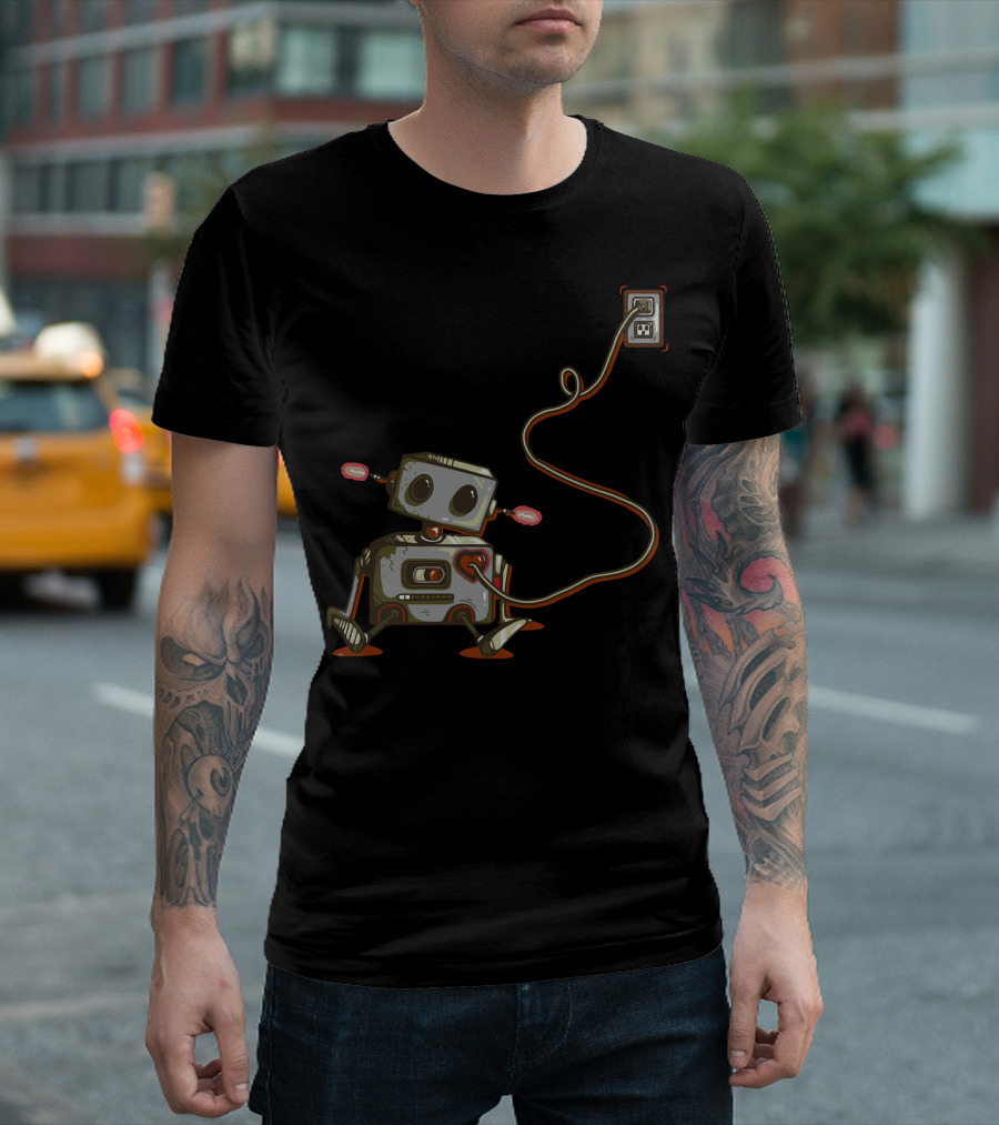 The Heart Goes On Robot With Heart Plugged Into Wall Socket T-Shirt