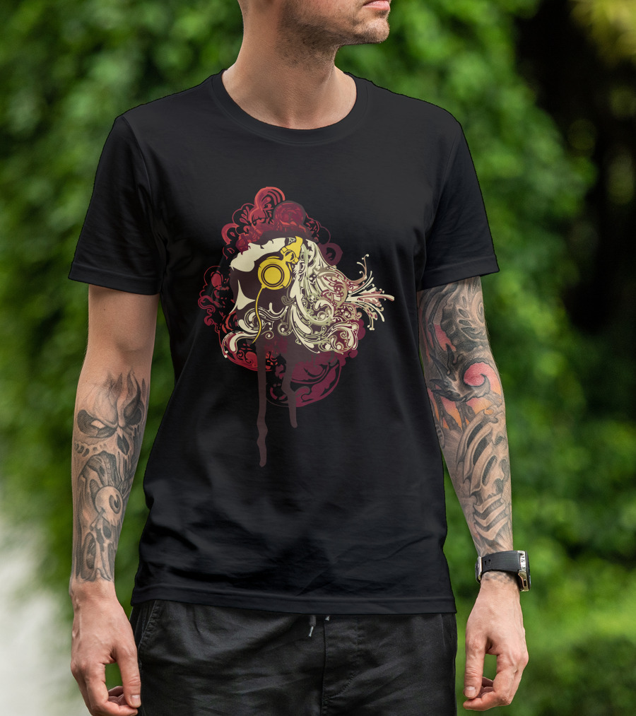 The Madness Of Miss Stereo Floral Headphones Art Deco T-Shirt