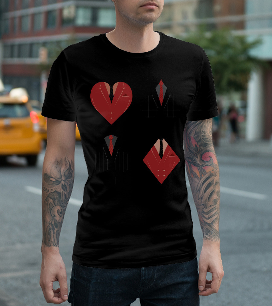 The Suitors Playing Card Suit Symbols Red And Black Tuxedo Ties T-Shirt