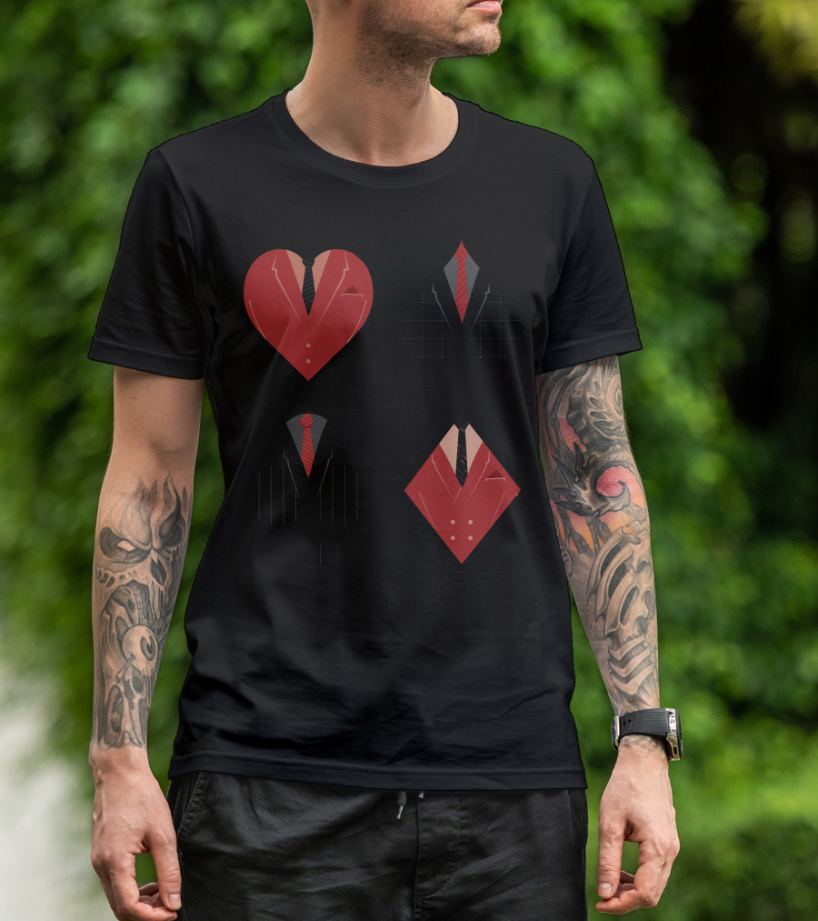 The Suitors Playing Card Suit Symbols Red And Black Tuxedo Ties T-Shirt
