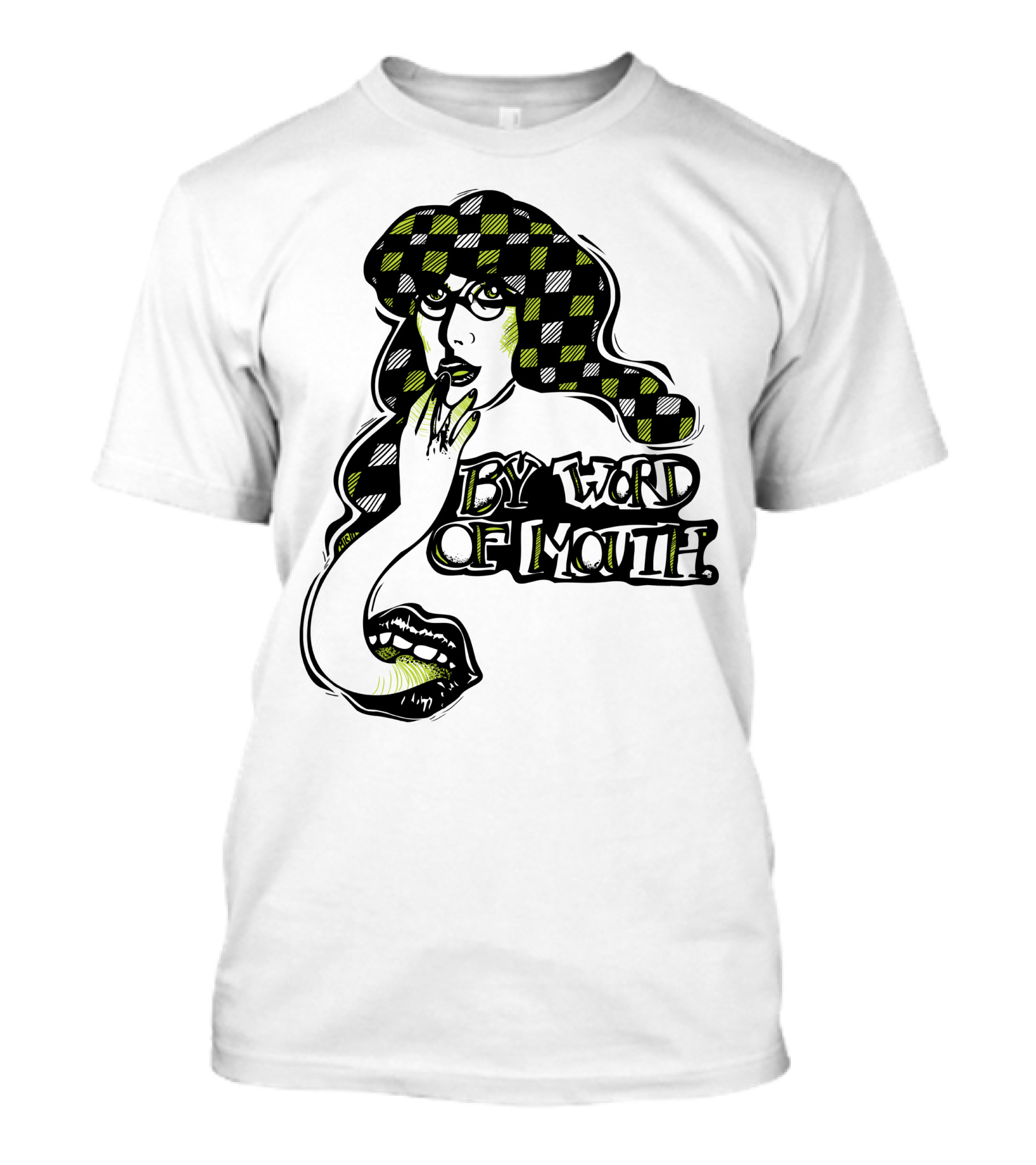 By Word Of Mouth Green Checkered Woman With Mysterious Expression T-Shirt