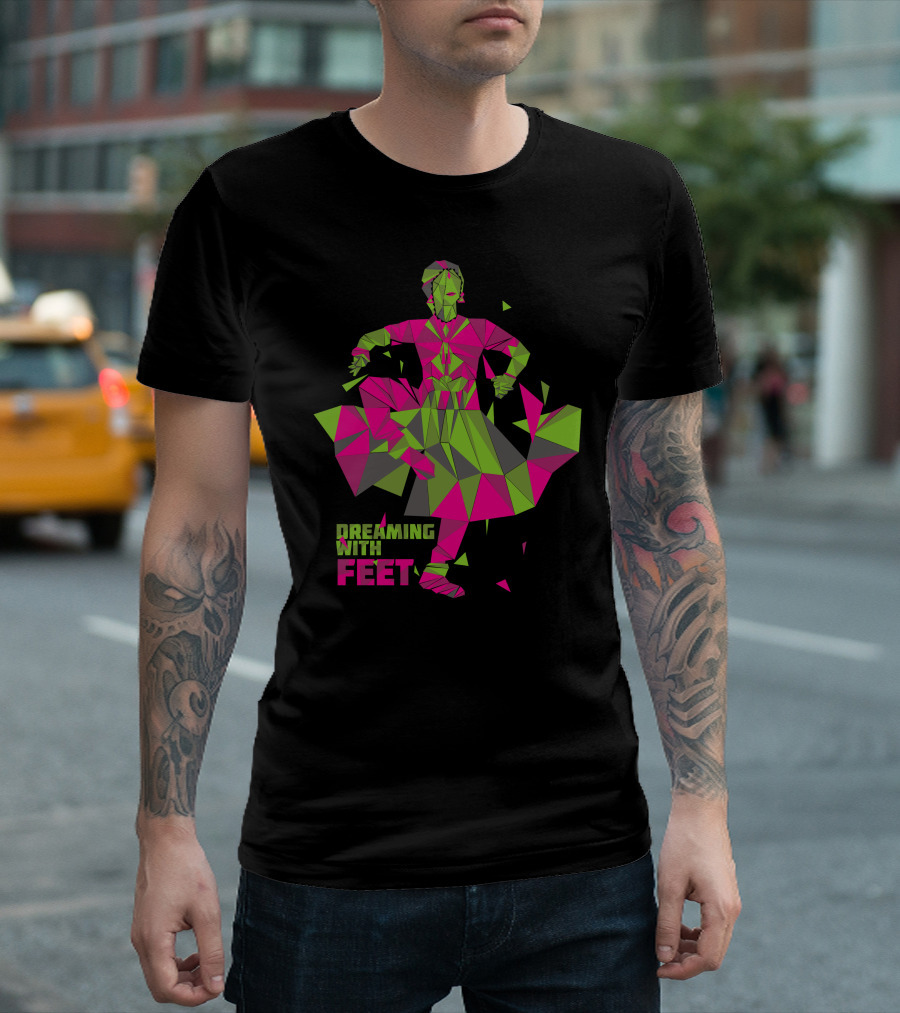 Dreaming With Feet Geometric Dancing Figure in Pink and Green Triangles T-Shirt