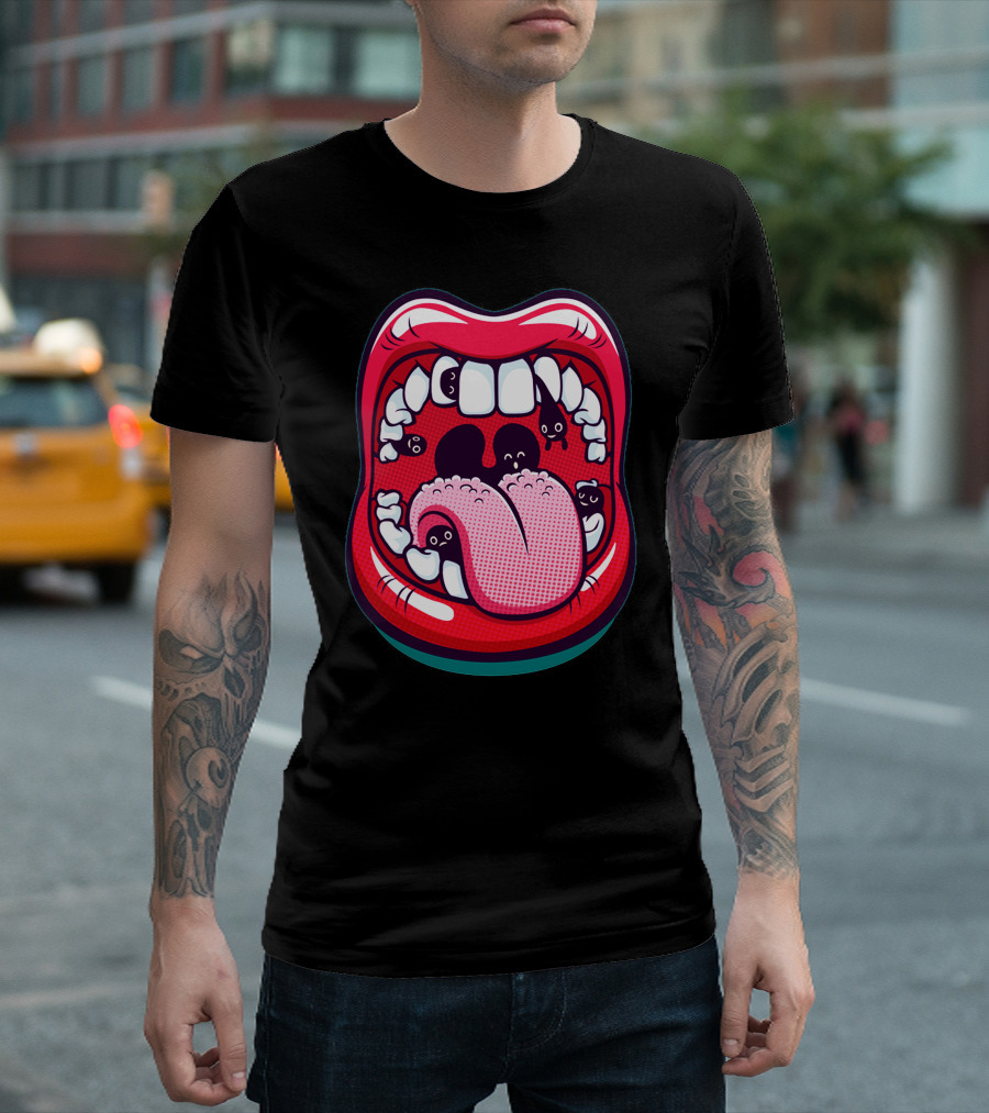 Mouth Full of Cartoon Tooth Characters with Got Something In Your Teeth Expression T-Shirt