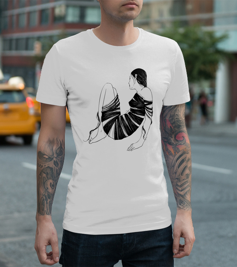Hair Cloth Wrapped Figure Sitting Profile T-Shirt