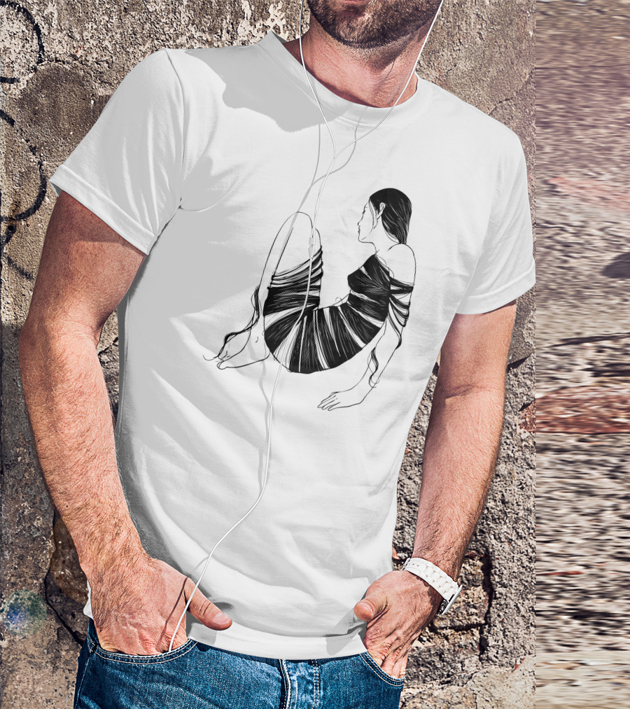 Hair Cloth Wrapped Figure Sitting Profile T-Shirt