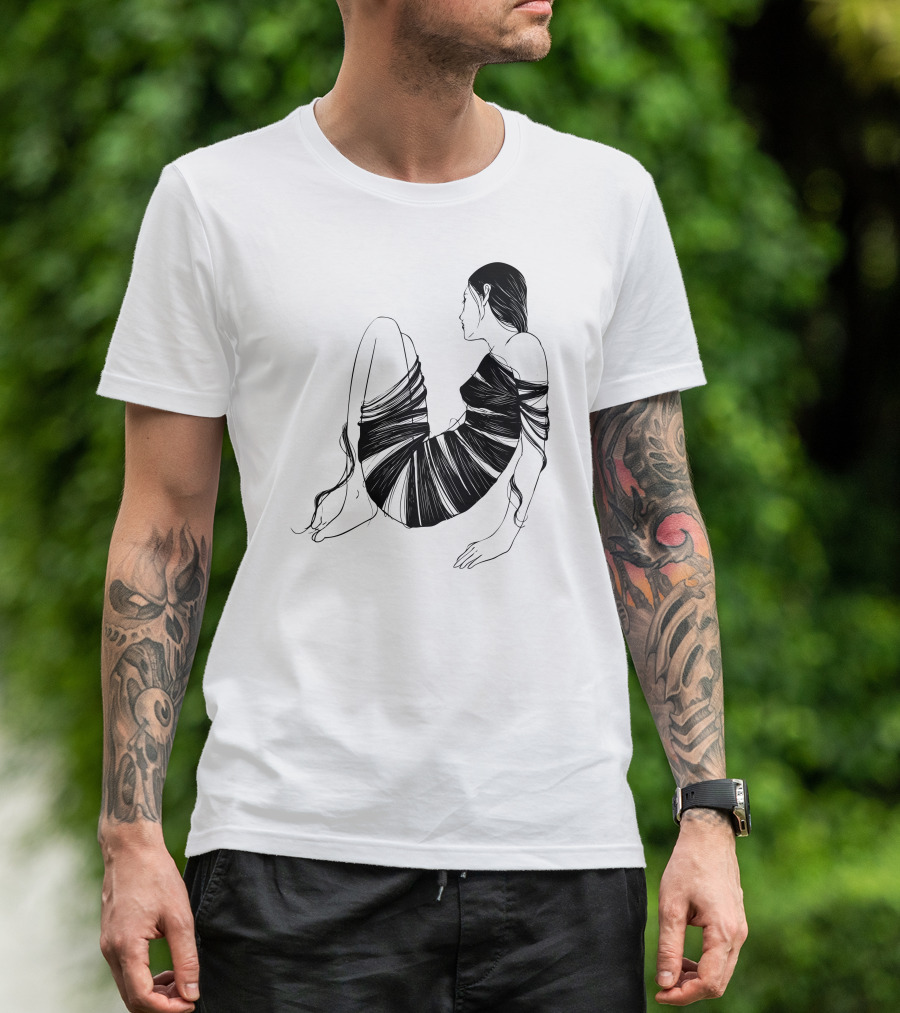Hair Cloth Wrapped Figure Sitting Profile T-Shirt