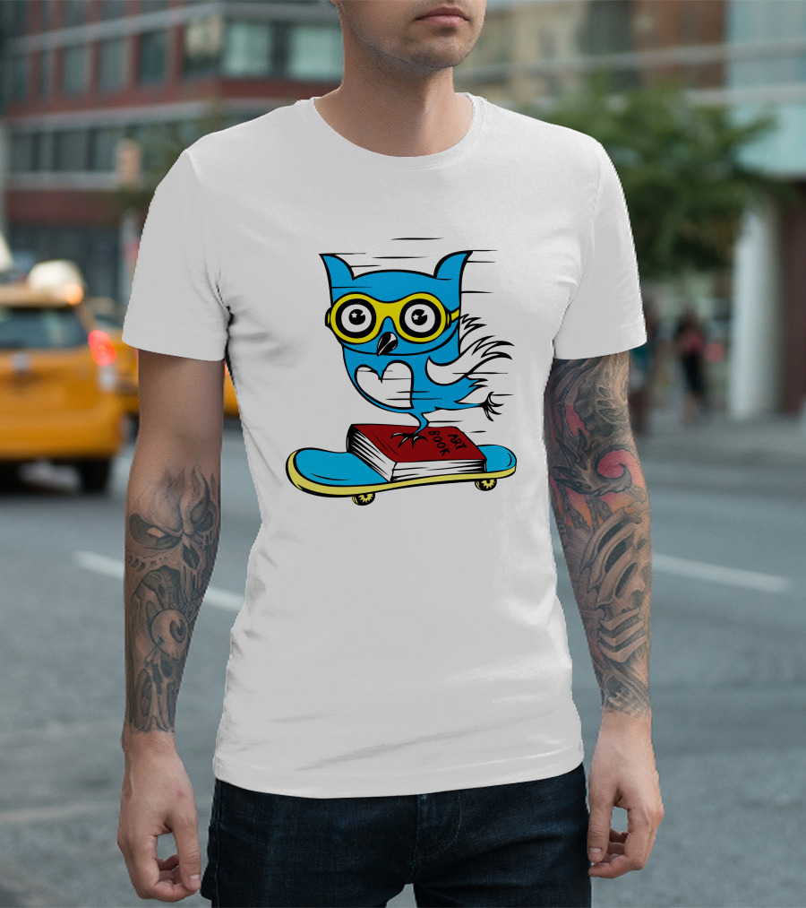 Owl With Art Book Riding Skateboard T-Shirt