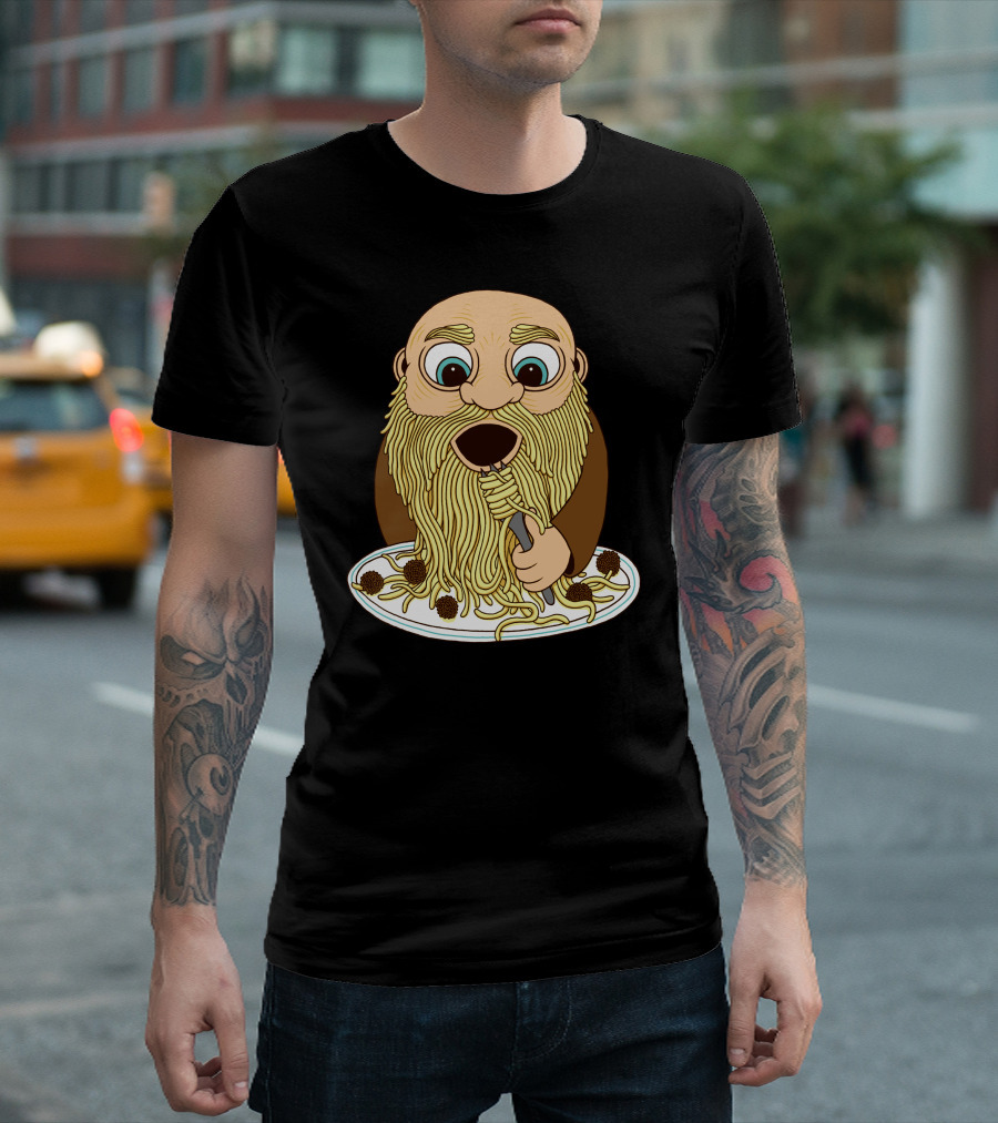 Papa Pasta Spaghetti Beard Eating Cartoon Character T-Shirt