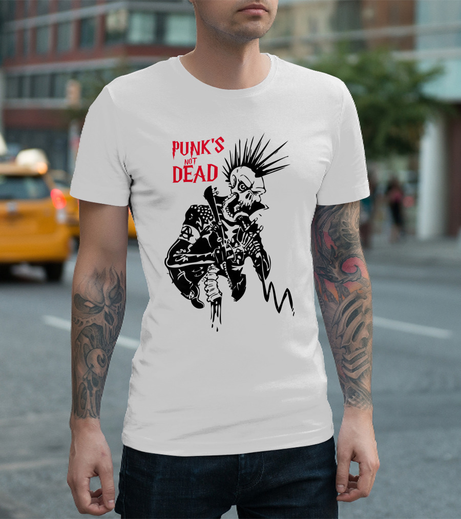 Punk's Not Dead Mohawk Skull Guitar אילגי T-Shirt