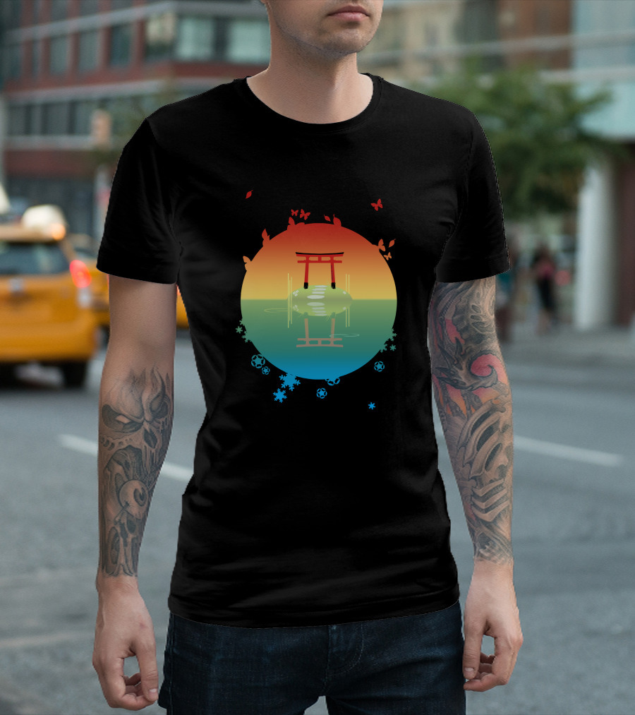 Sunset Shrine Reflection On The Lake With Butterflies T-Shirt