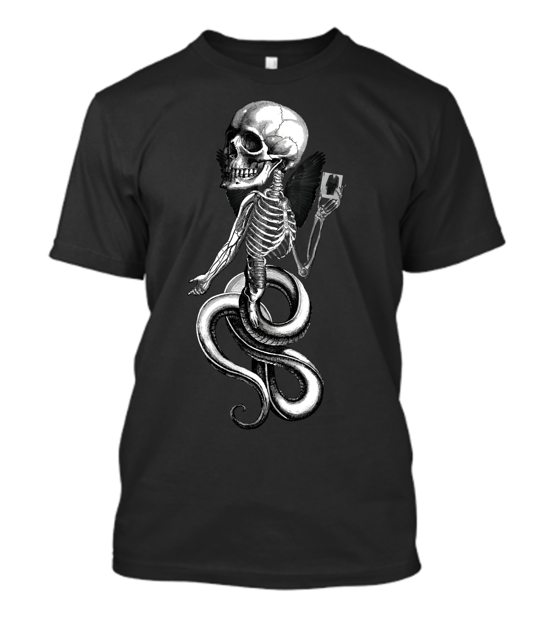 Skelebird Skeleton With Wings And Snake Body Holding Card T-Shirt
