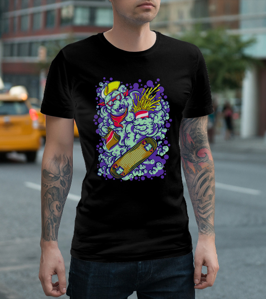 Snowman Monsta Skateboarding With Soda Splash T-Shirt