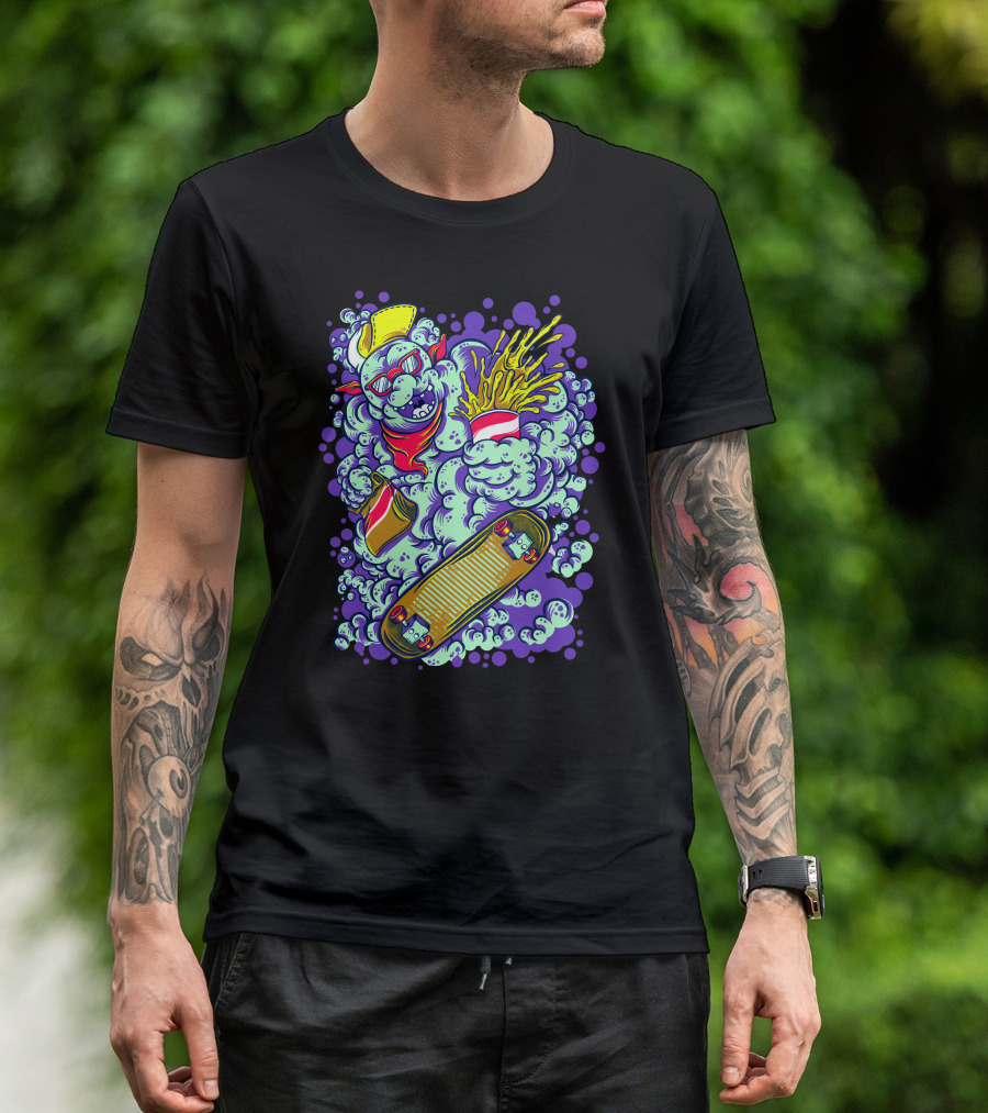 Snowman Monsta Skateboarding With Soda Splash T-Shirt