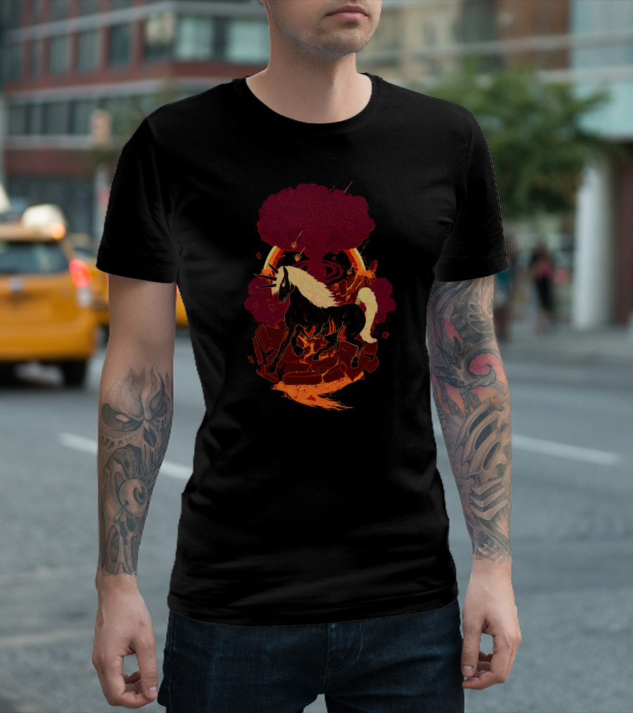 The Doomicorn Apocalypse Unicorn With Explosive Background T-Shirt