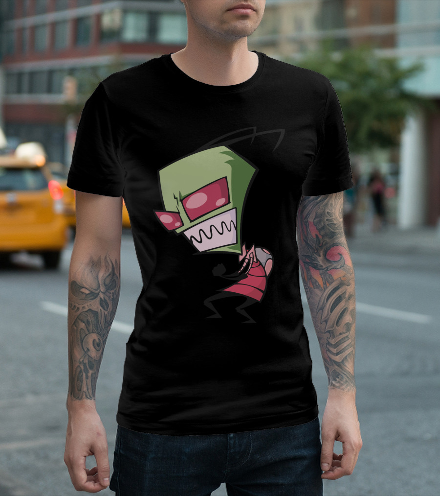 Invader Zim Cartoon Character with Green Head and Pink Stripes T-Shirt