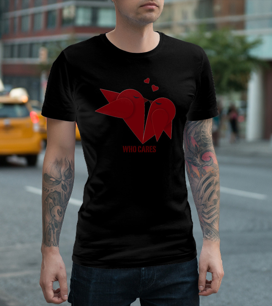 Who Cares Red Geometric Birds With Hearts T-Shirt