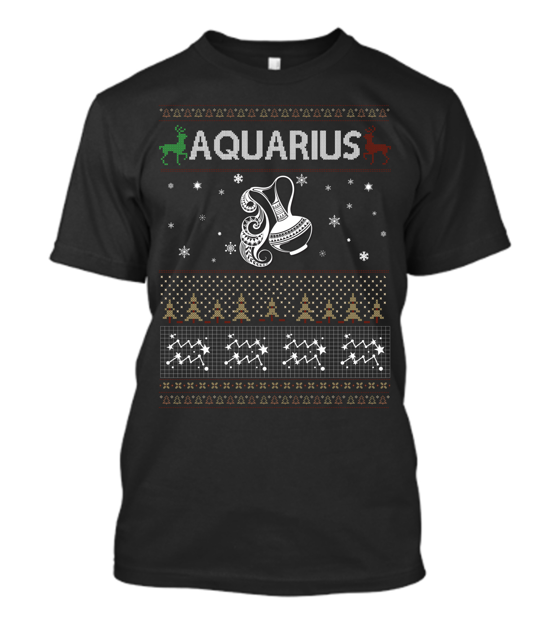 Aquarius Zodiac Ugly Christmas Sweater Design With Snowflakes And Reindeer T-Shirt