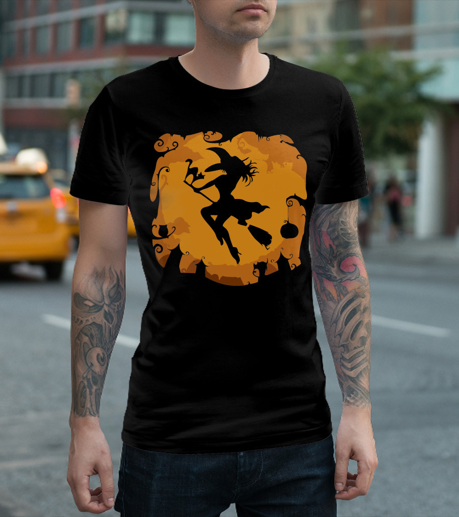 Halloween Story Witch Silhouette on Orange Background T-Shirt