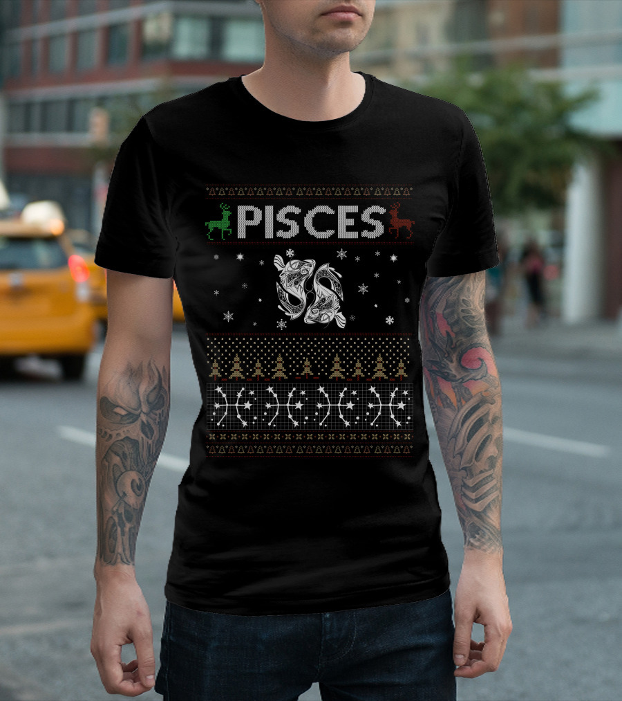 Pisces Ugly Christmas Sweater Zodiac Fish Snowflakes Reindeer T-Shirt