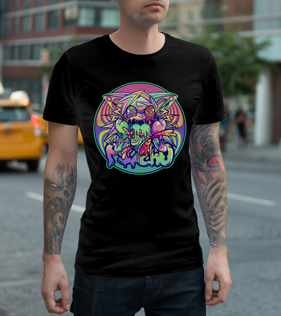 Psycho Cat Neon Melting Drip With Psychedelic Lightning Burst T-Shirt