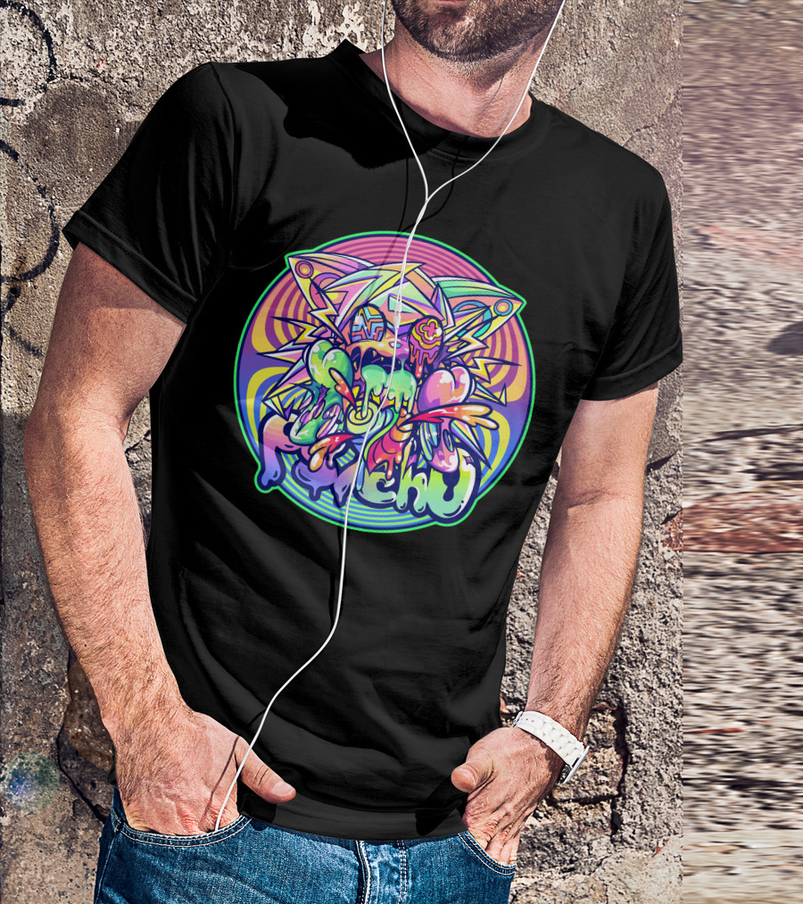 Psycho Cat Neon Melting Drip With Psychedelic Lightning Burst T-Shirt