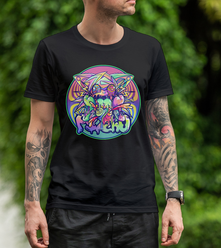 Psycho Cat Neon Melting Drip With Psychedelic Lightning Burst T-Shirt