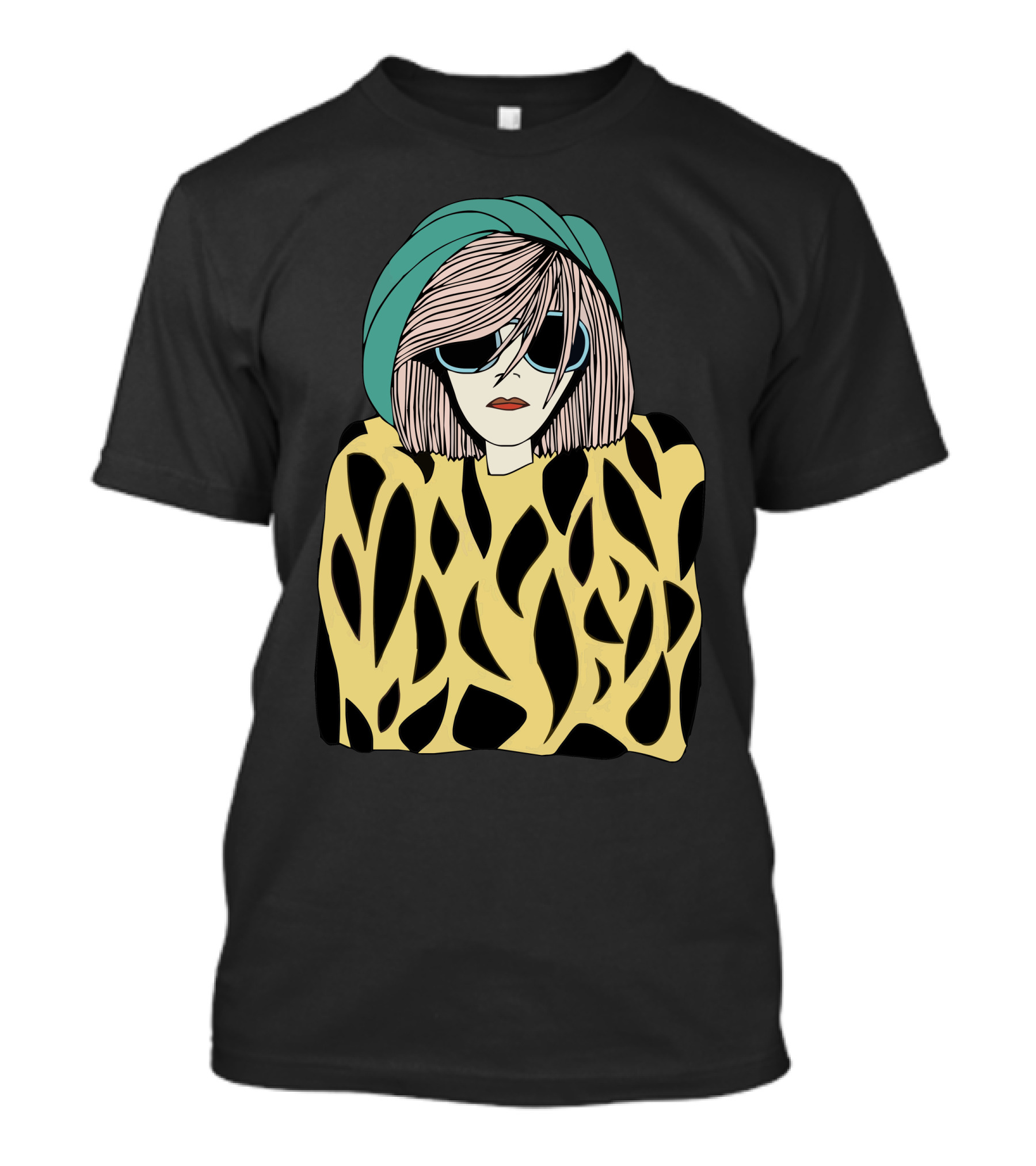 Pullover Woman With Teal Headscarf And Abstract Yellow And Black T-Shirt