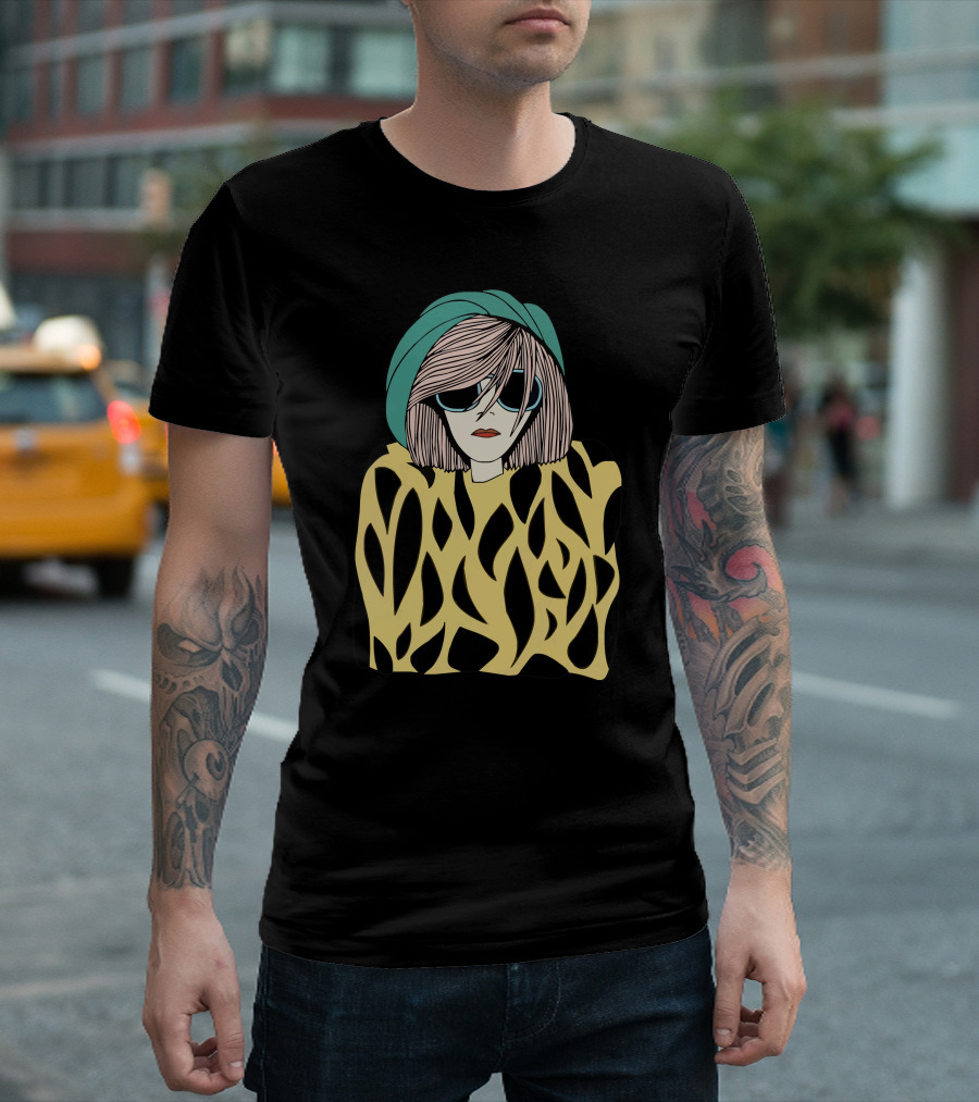 Pullover Woman With Teal Headscarf And Abstract Yellow And Black T-Shirt