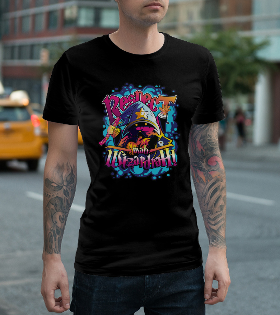 Respect Mah Wizardrah Multicolored Cloaked Figure with Staff and Vibrant Background T-Shirt