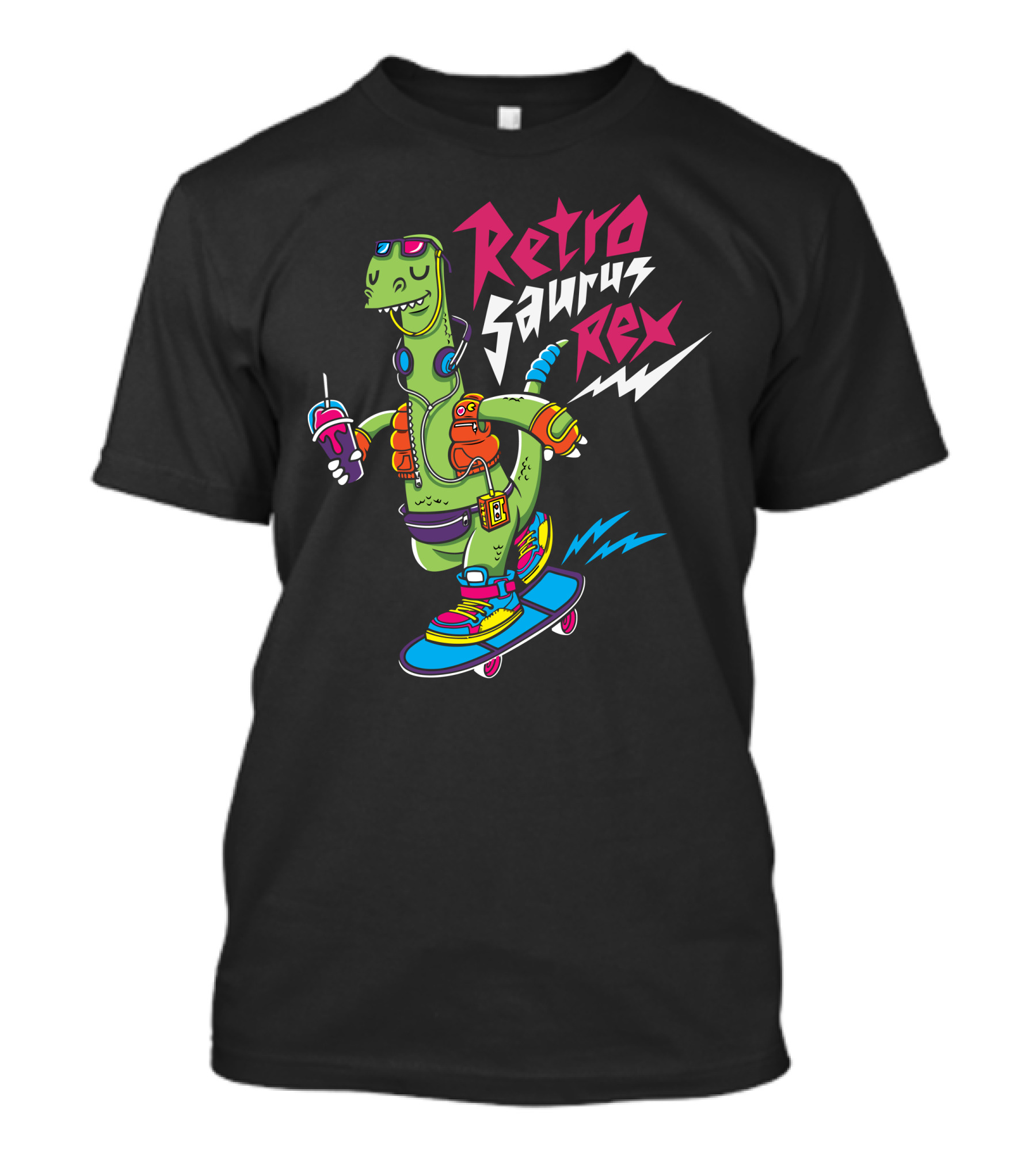RetroSaurus Rex Skateboard Dinosaur With Drink And Headphones T-Shirt