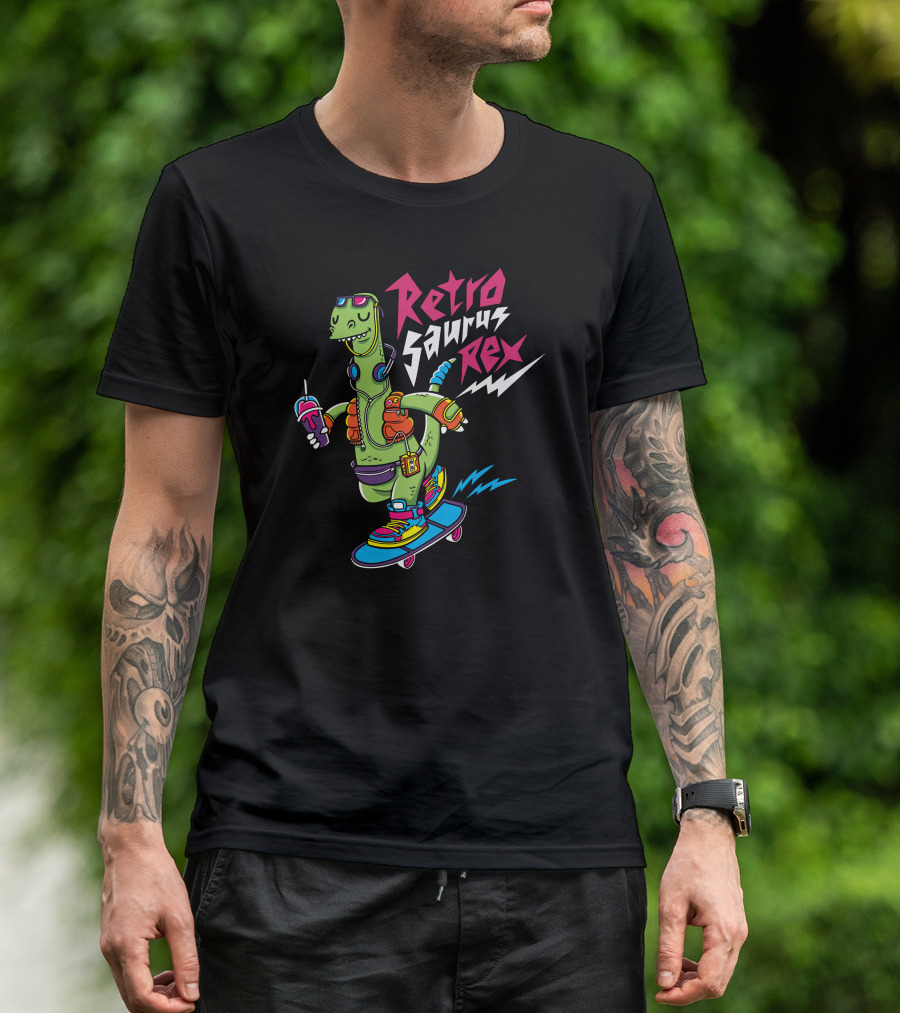 RetroSaurus Rex Skateboard Dinosaur With Drink And Headphones T-Shirt