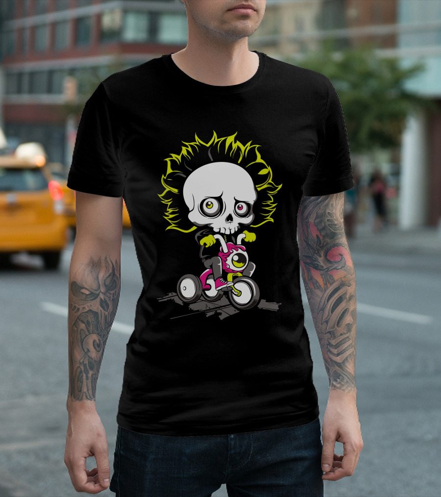 Ride Skull Skeleton Tricycle Neon Flame Hair T-Shirt