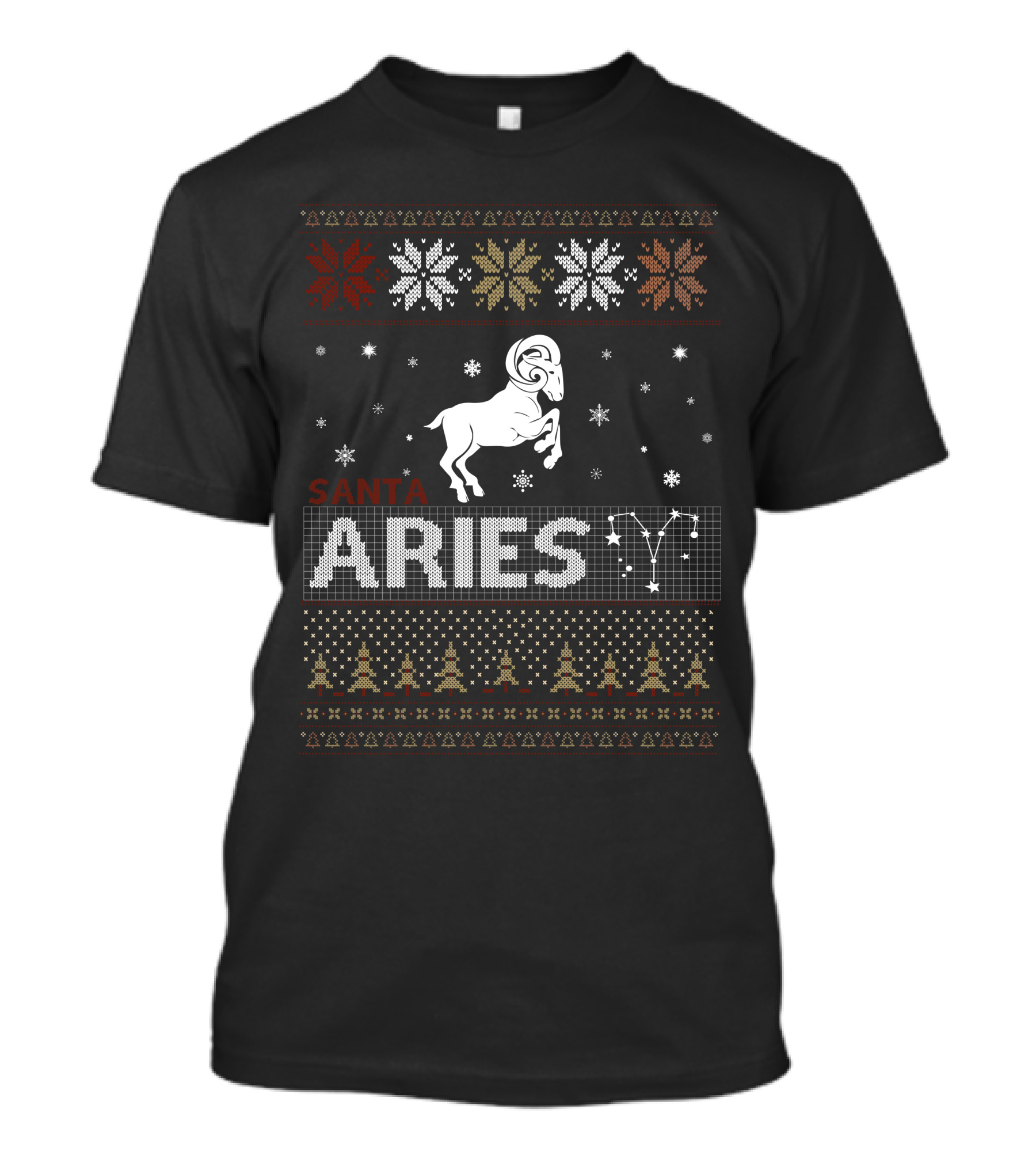 Santa Aries Christmas Snowflakes And Trees T-Shirt