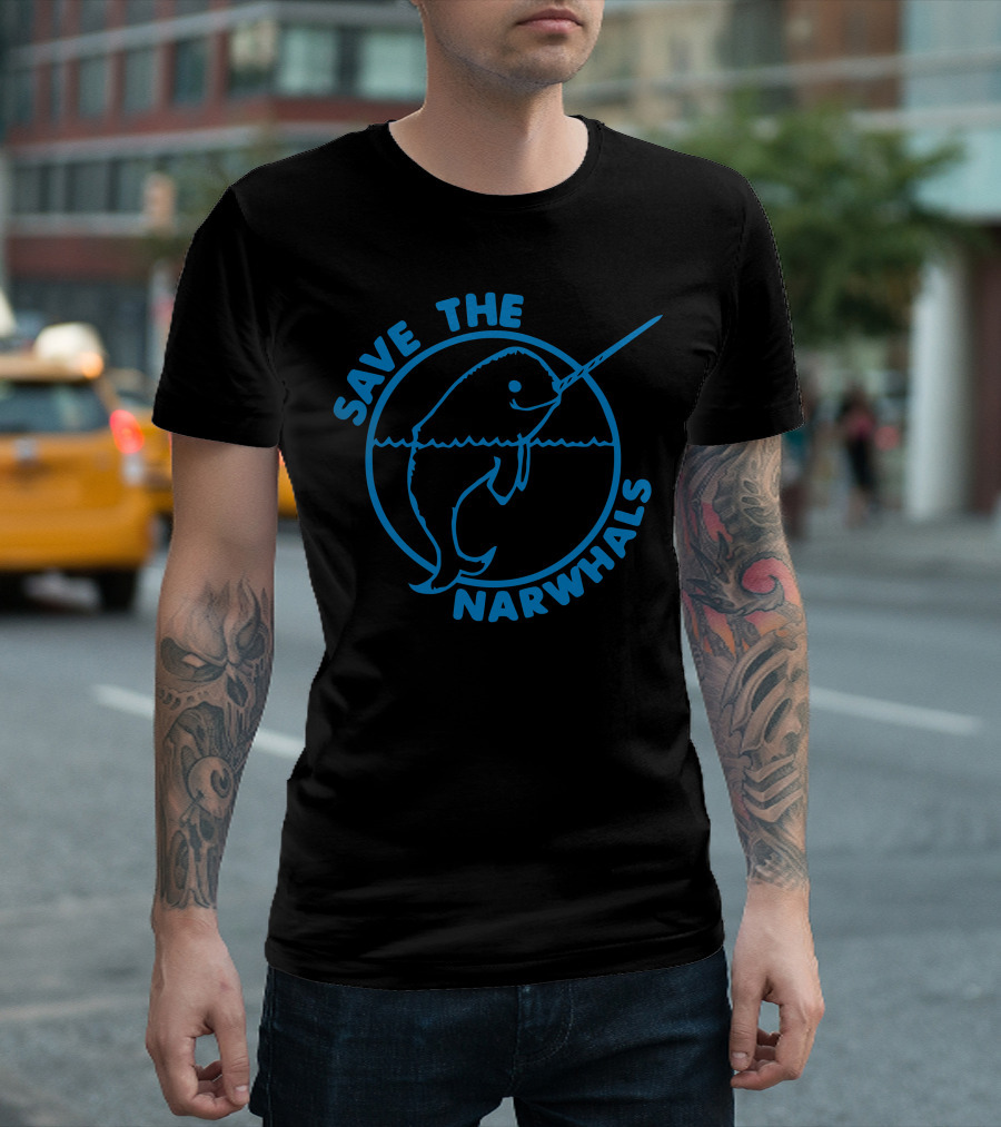 Save The Narwhals Blue Line Drawing with Circular Frame T-Shirt