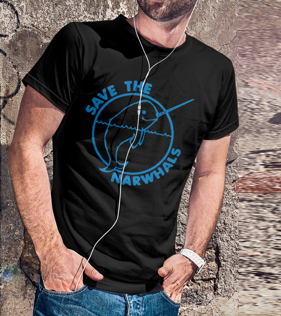 Save The Narwhals Blue Line Drawing With Circular Frame T-Shirt
