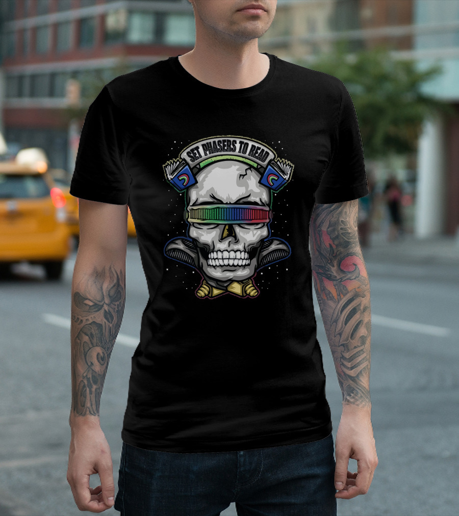 Set Phasers To Read Skull with Books and Rainbow Visor T-Shirt
