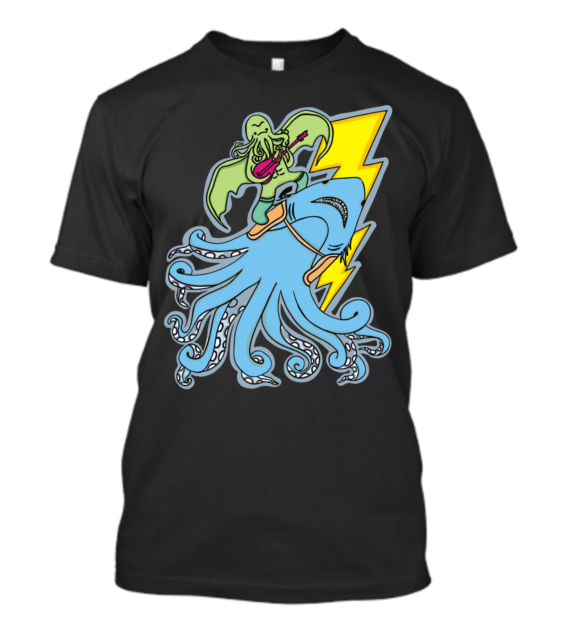 Sharktopus Tamer Rocking Guitar With Lightning Bolt And Monster Riding Scene T-Shirt