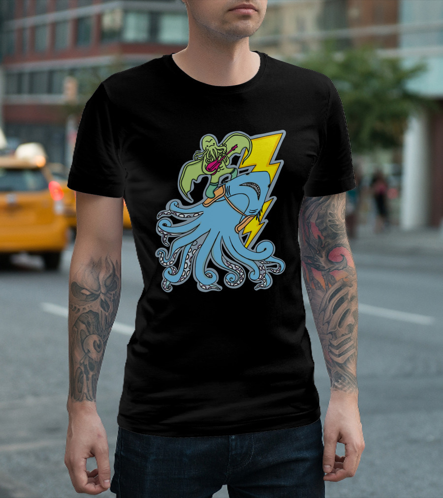 Sharktopus Tamer Rocking Guitar With Lightning Bolt And Monster Riding Scene T-Shirt