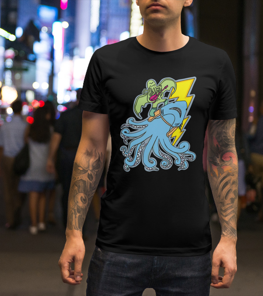 Sharktopus Tamer Rocking Guitar With Lightning Bolt And Monster Riding Scene T-Shirt