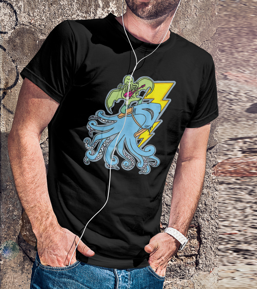 Sharktopus Tamer Rocking Guitar With Lightning Bolt And Monster Riding Scene T-Shirt