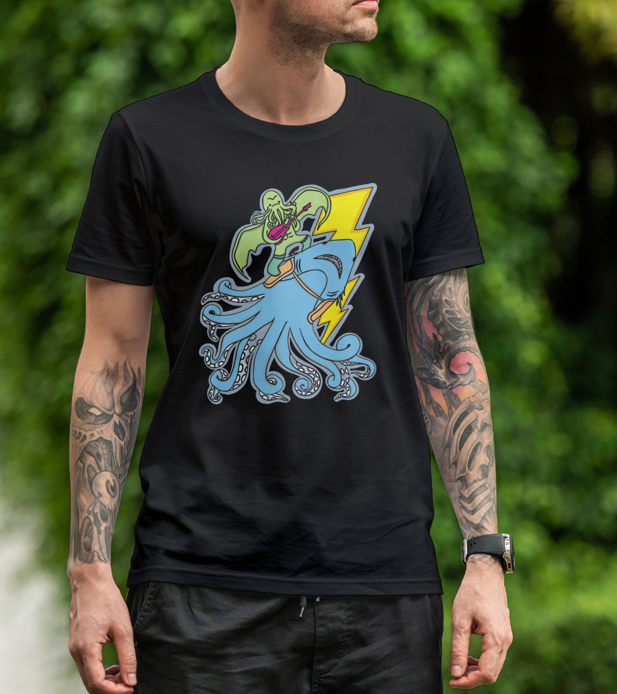 Sharktopus Tamer Rocking Guitar With Lightning Bolt And Monster Riding Scene T-Shirt