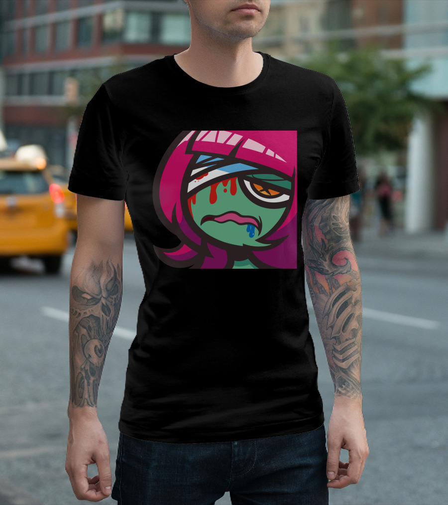 Sick Zombie Cartoon With Pink Hair And Green Face T-Shirt