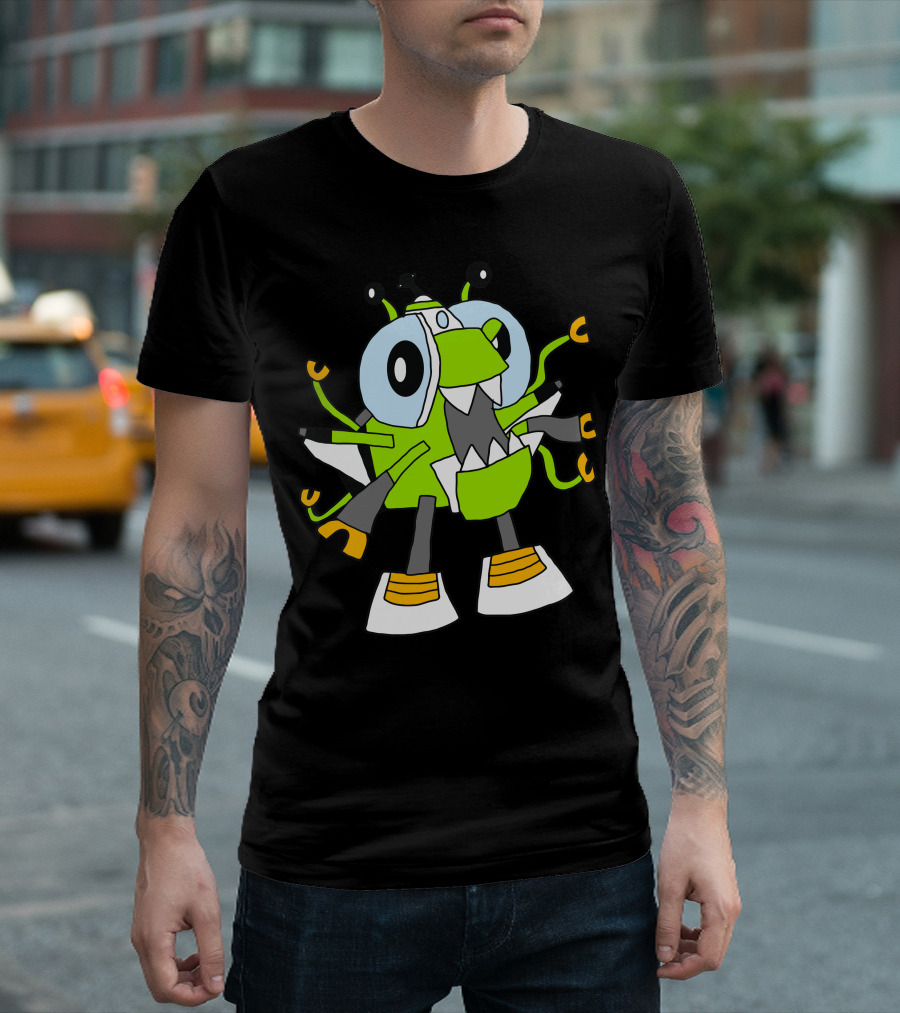 Alien Orbitons Max Green Cartoon Character with Big Eyes and Antennas T-Shirt