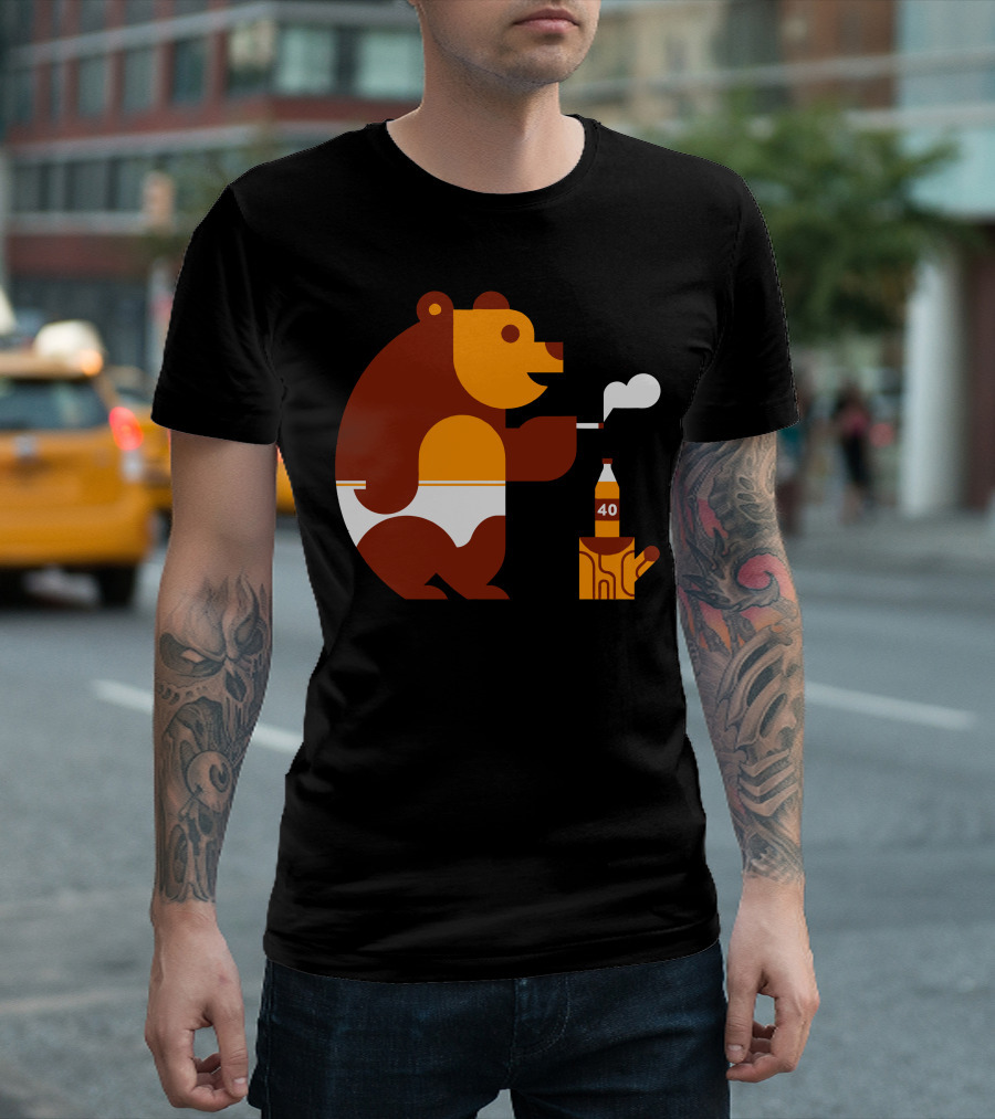 Bear in Underwear Smoking Pipe with Bottle and Log T-Shirt