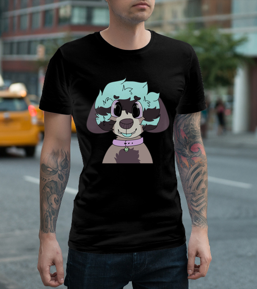 Blep Cartoon Dog with Pastel Blue Hair and Pink Collar T-Shirt