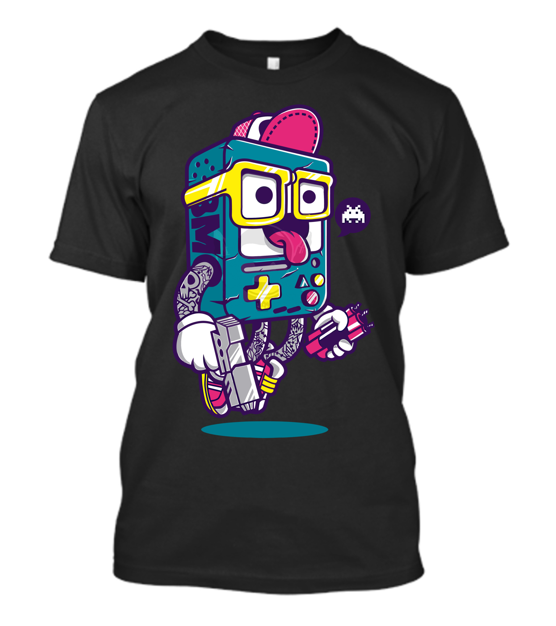 Bmo Retro Gaming Console Character With Space Invader Icon And Tattoo Style Elements T-Shirt