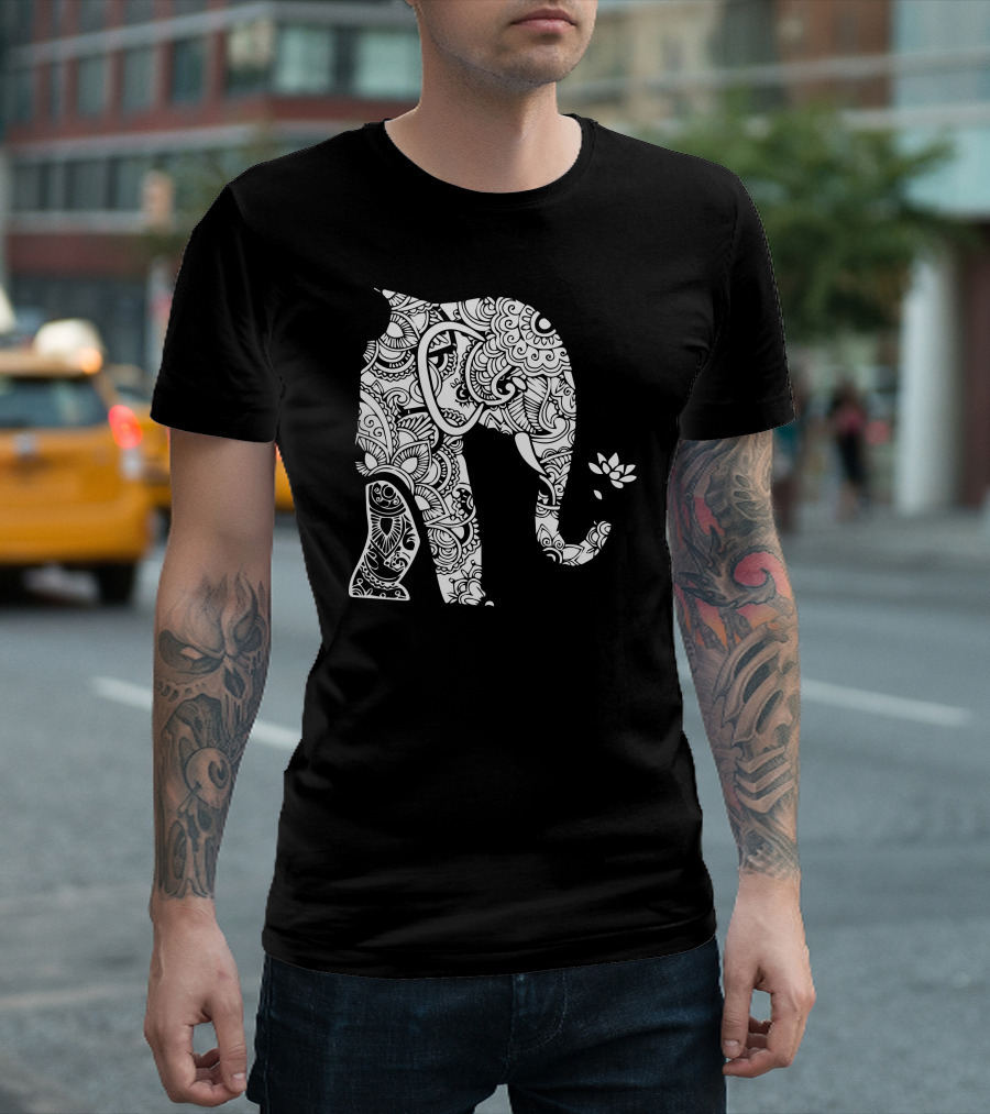 Mandala Floral Pattern Left Side Elephant With Lotus Flower T-Shirt