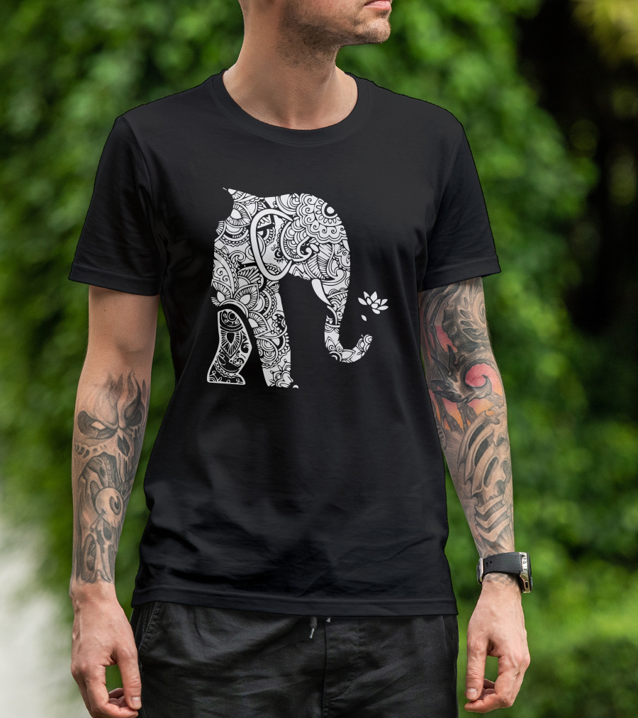 Mandala Floral Pattern Left Side Elephant With Lotus Flower T-Shirt