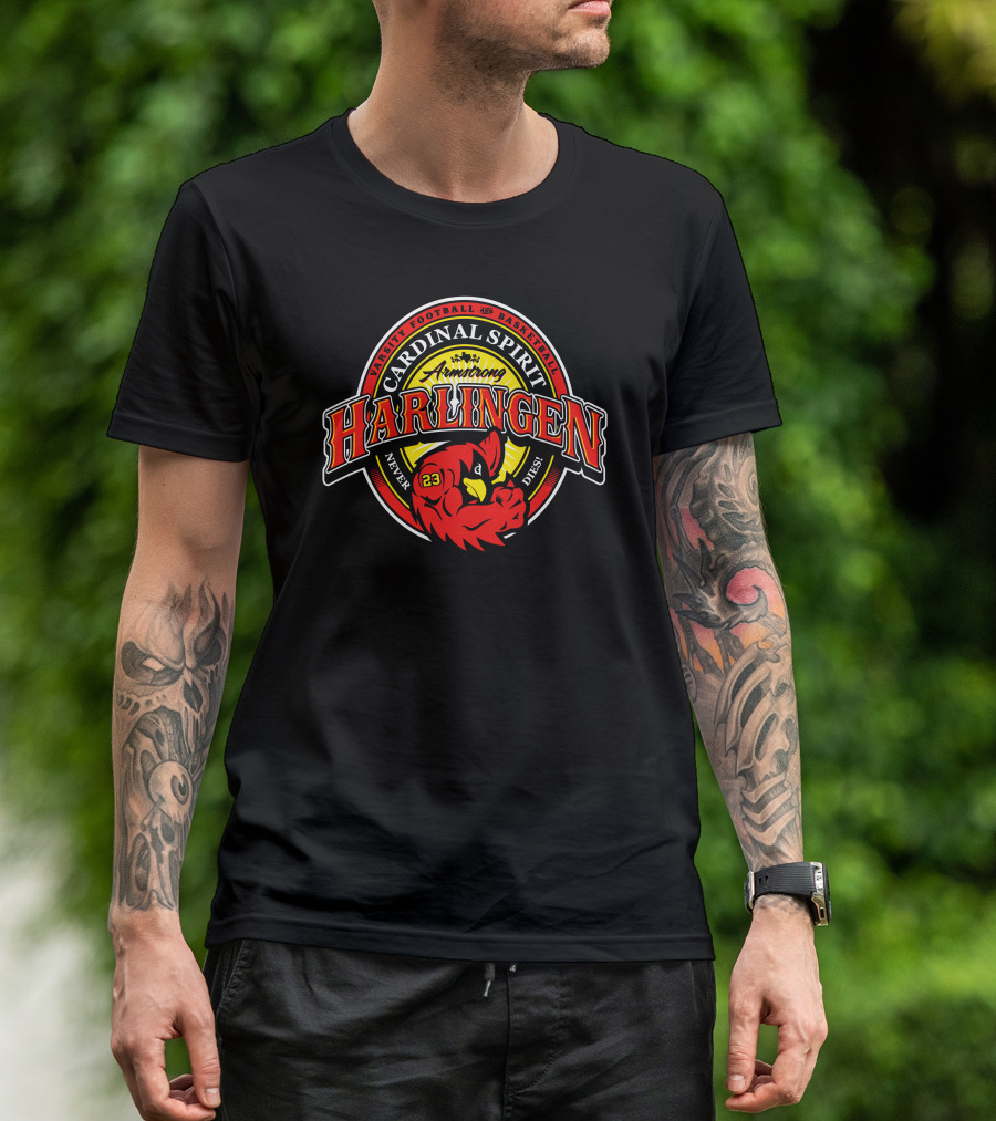 Harlingen Cardinal Spirit Varsity Football Basketball Never Dies T-Shirt
