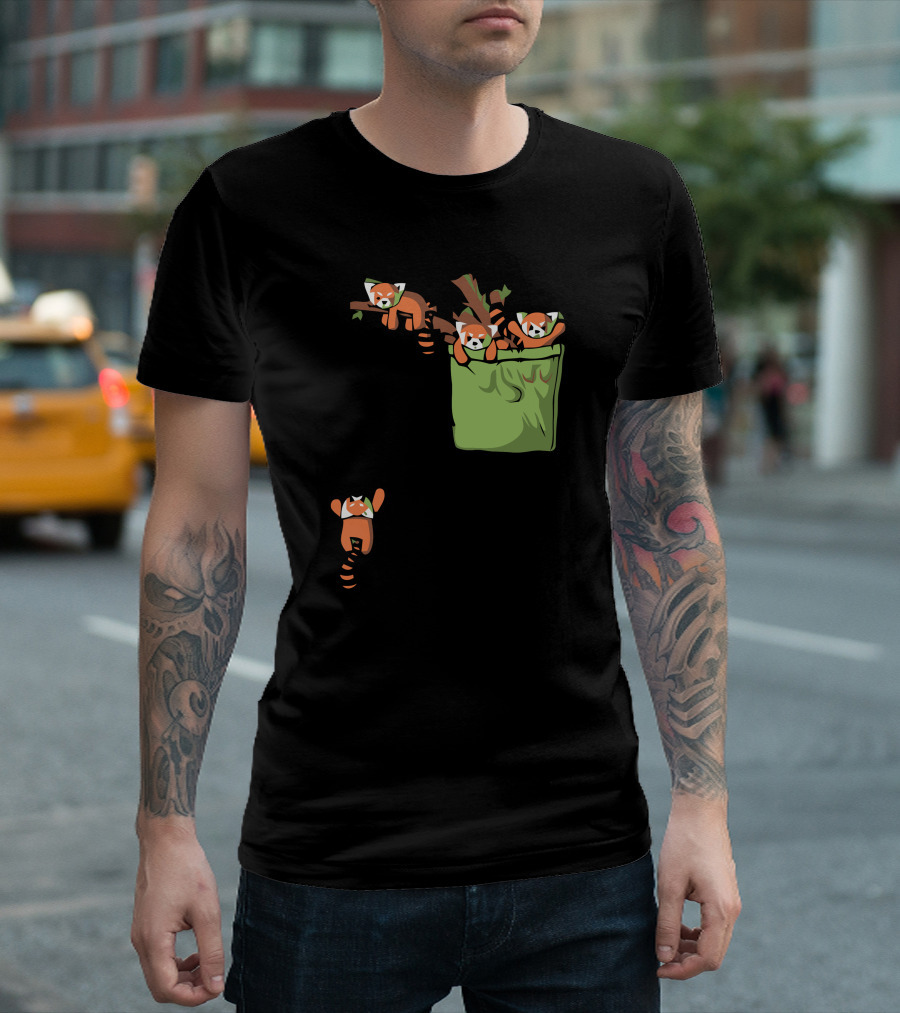 Pocket Red Pandas Hanging on Branches and Climbing Out of Green Pocket T-Shirt